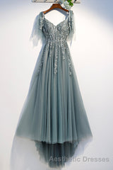 Purple Tulle Lace Long Evening Prom Dresses, A-Line Evening Prom Party Dresses