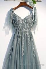 Purple Tulle Lace Long Evening Prom Dresses, A-Line Evening Prom Party Dresses