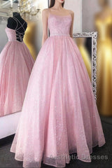Cute Tulle Sequins Long Evening Prom Dresses, A-Line Backless Evening Prom Dresses