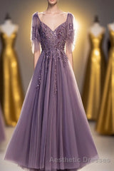 Purple Tulle Lace Long Evening Prom Dresses, A-Line Evening Prom Party Dresses