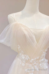 Champagne Tulle Long Prom Dress, Lovely Lace Formal Evening Dress