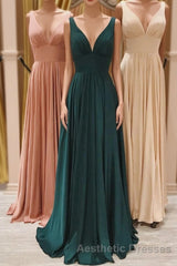 Simple V-Neck Long Evening Prom Dresses, A-Line Evening Prom Party Dresses