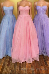 Lovely Tulle Spaghetti Strap Long Evening Prom Dresses, A-Line Evening Prom Dresses
