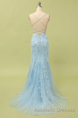 Mermaid Blue Long Evening Prom Dresses Backless Evening Dresses