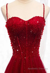 Gemgrace Burgundy Prom Dresses, Long Tulle Formal Dress With Straps