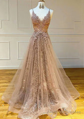 Princess V Neck Sweep Train Lace Tulle Yarn Prom Dress With Glitter
