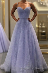 Lavender Evening Prom Dresses, A-line V Neck Spaghetti Straps Long/Floor-Length Tulle Evening Prom Dresses With Beading Sequins