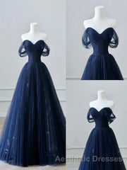 A-Line Off Shoulder Tulle Lace Dark Blue Long Evening Prom Dresses, Dark Blue Long Evening Prom Dresses