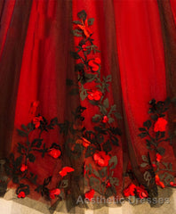 Burgundy Round Neck Tulle Lace Applique Long Evening Prom Dresses, Burgundy Evening Prom Dresses