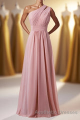 One Shoulder Blush Pink Chiffon A-line Bridesmaid Dresses