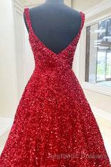 Red Sequin Square Neck Backless A-Line Long Evening Prom Gown