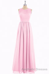 Pink Chiffon Halter Cutout Back A-Line Long Bridesmaid Dresses