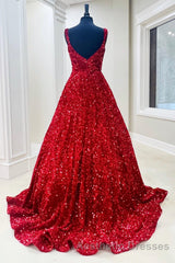 Red Sequin Square Neck Backless A-Line Long Evening Prom Gown