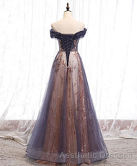Unique Tulle Off Shoulder Lace Long Evening Prom Dresses, Lace Formal Dresses