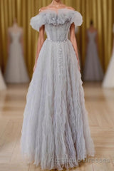 Gray Tulle A Line Off the Shoulder Formal Evening Prom Dresses Long Evening Prom Dresses