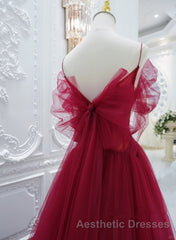 Wine Red Tulle V-Neckline Off Shoulder With Bow, Wine Red Tulle Long Evening Prom Dresses