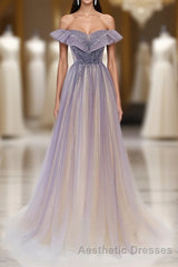 Purple Off Shoulder Tulle Sequin Long Evening Prom Dresses, Purple Evening Prom Dresses
