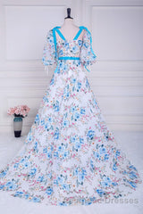 Blue and White Floral Bow Tie Straps A-line Long Evening Prom Dresses with Slit