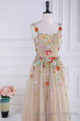 Dusty Pink Sequined Floral Appliques A-line Long Evening Prom Dresses