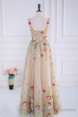 Dusty Pink Sequined Floral Appliques A-line Long Evening Prom Dresses