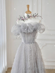 Gray Tulle A Line Off the Shoulder Formal Evening Prom Dresses Long Evening Prom Dresses
