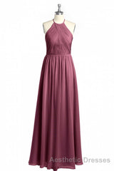 Mauve Chiffon Halter Backless A-Line Long Bridesmaid Dresses