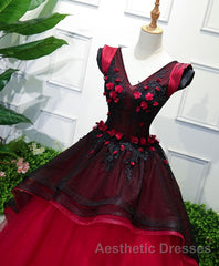Unique Burgundy V Neck Tulle Long Evening Prom Dresses, Burgundy Evening Prom Dresses