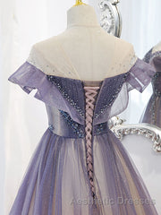 Purple Off Shoulder Tulle Sequin Long Evening Prom Dresses, Purple Evening Prom Dresses