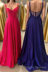 Neon Pink V-Neck Straps A-Line Evening Prom Dresses