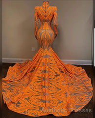 Hot Orange High neck Long Sleeves Mermaid Sequin Evening Prom Dresses