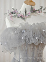 Gray Tulle A Line Off the Shoulder Formal Evening Prom Dresses Long Evening Prom Dresses