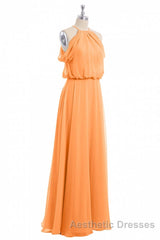Sage Green Chiffon Halter Blouson-Style Long Bridesmaid Dresses