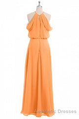 Sage Green Chiffon Halter Blouson-Style Long Bridesmaid Dresses