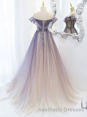 Purple Off Shoulder Tulle Sequin Long Evening Prom Dresses, Purple Evening Prom Dresses