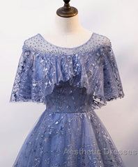 Unique Round Neck Tulle Lace Long Evening Prom Dresses, Blue Lace Evening Dresses