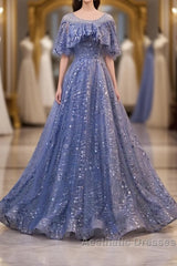 Unique Round Neck Tulle Lace Long Evening Prom Dresses, Blue Lace Evening Dresses