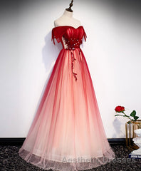 Burgundy Off Shoulder Tulle Long Evening Prom Dresses, Burgundy Formal Dresses, 1