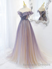 Purple Off Shoulder Tulle Sequin Long Evening Prom Dresses, Purple Evening Prom Dresses