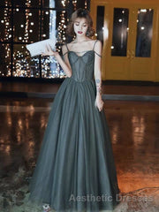 A-Line Evening Prom Dresses Open Back Dresses Formal Wedding Party Floor Length Sleeveless Spaghetti Strap Tulle with Pleats