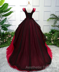 Unique Burgundy V Neck Tulle Long Evening Prom Dresses, Burgundy Evening Prom Dresses