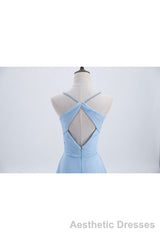 Blue Pleated Straps Chiffon Long Bridesmaid Dresses