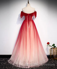 Burgundy Off Shoulder Tulle Long Evening Prom Dresses, Burgundy Formal Dresses, 1