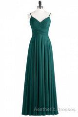 Hunter Green Chiffon V-Neck Spaghetti Straps A-Line Long Dresses