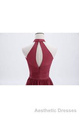 High Neck Burgundy Chiffon A-line Long Bridesmaid Dresses
