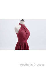 High Neck Burgundy Chiffon A-line Long Bridesmaid Dresses