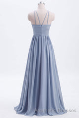 Misty Blue Scoop Chiffon A-line Long Bridesmaid Dresses
