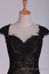 Black Off The Shoulder Sheath Evening Prom Dresses Lace&Tulle Floor Length With Applique & Slit