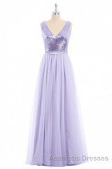 Lavender Sequin V-Neck Backless A-Line Long Dresses