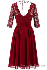 Burgundy A Line Knee Length V Neck 1/2 Sleeve Hollow Bridesmaid Dresses
