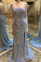 Double Straps Lace-Up Sequins Long Evening Prom Dresses with Slit